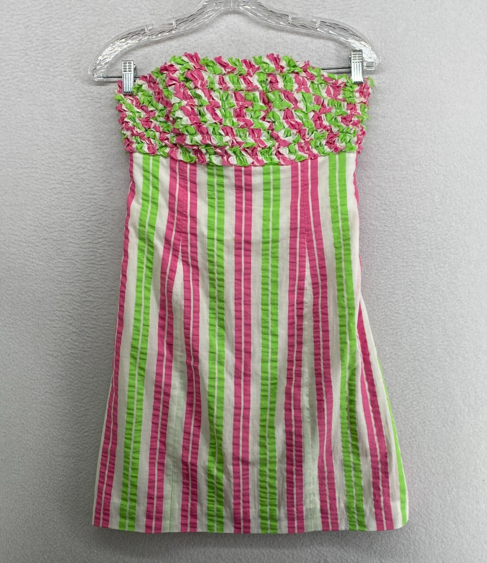 LILLY PULITZER Dress 2 Strapless Mini Seersucker Striped Ruffled Pink Green